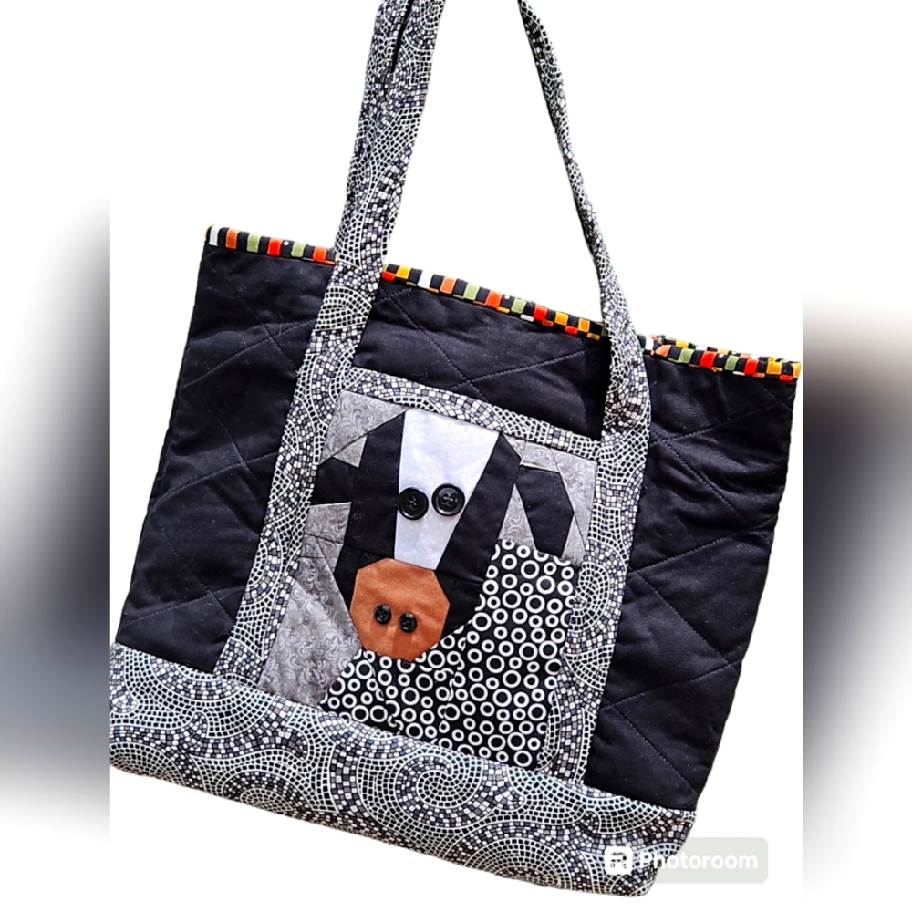 Handmade Cow face tote, a different view and pocket on each side. Quilted